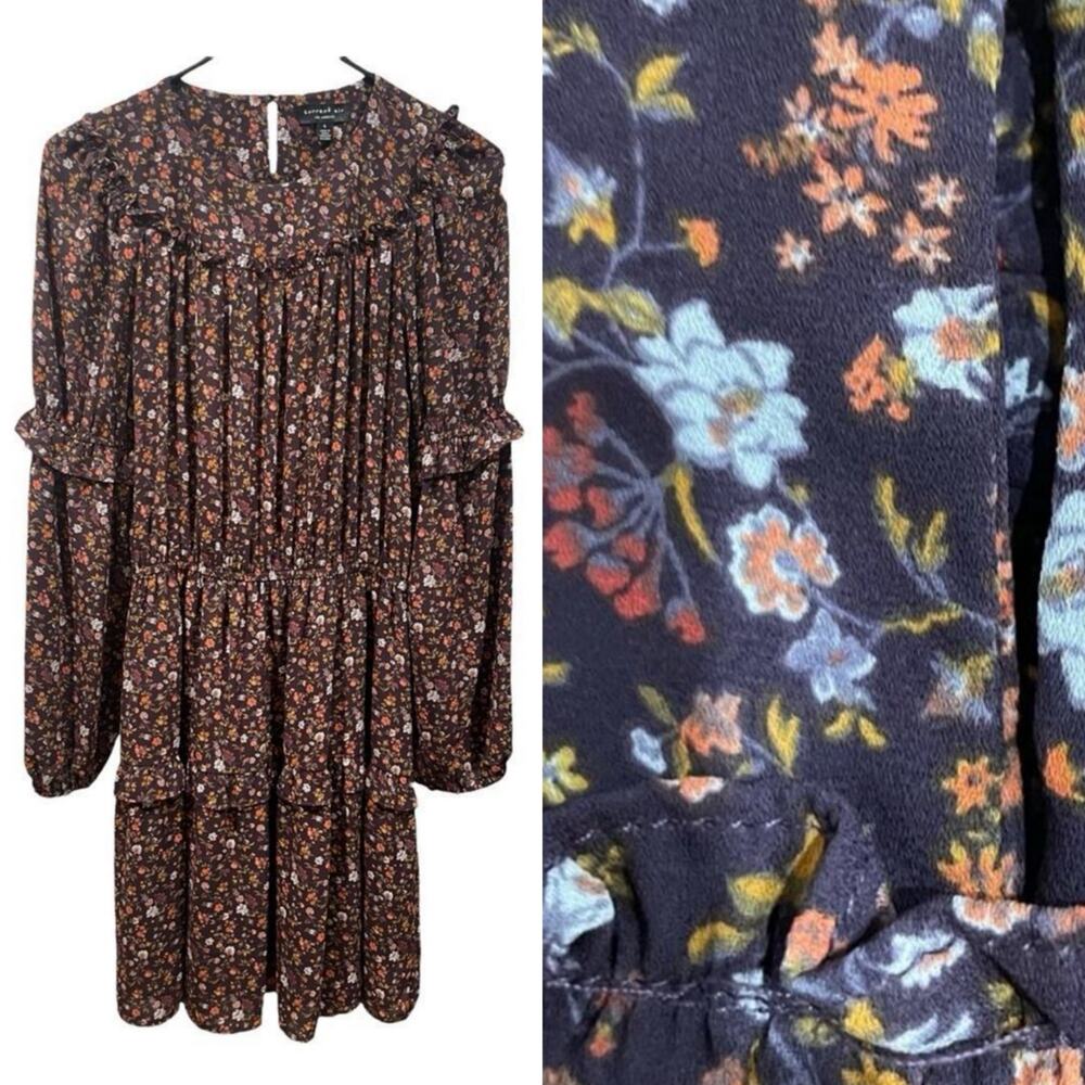 Anthropologie Current Air Purple Floral Ruffled Peasant Dress Long Sleeve- S
